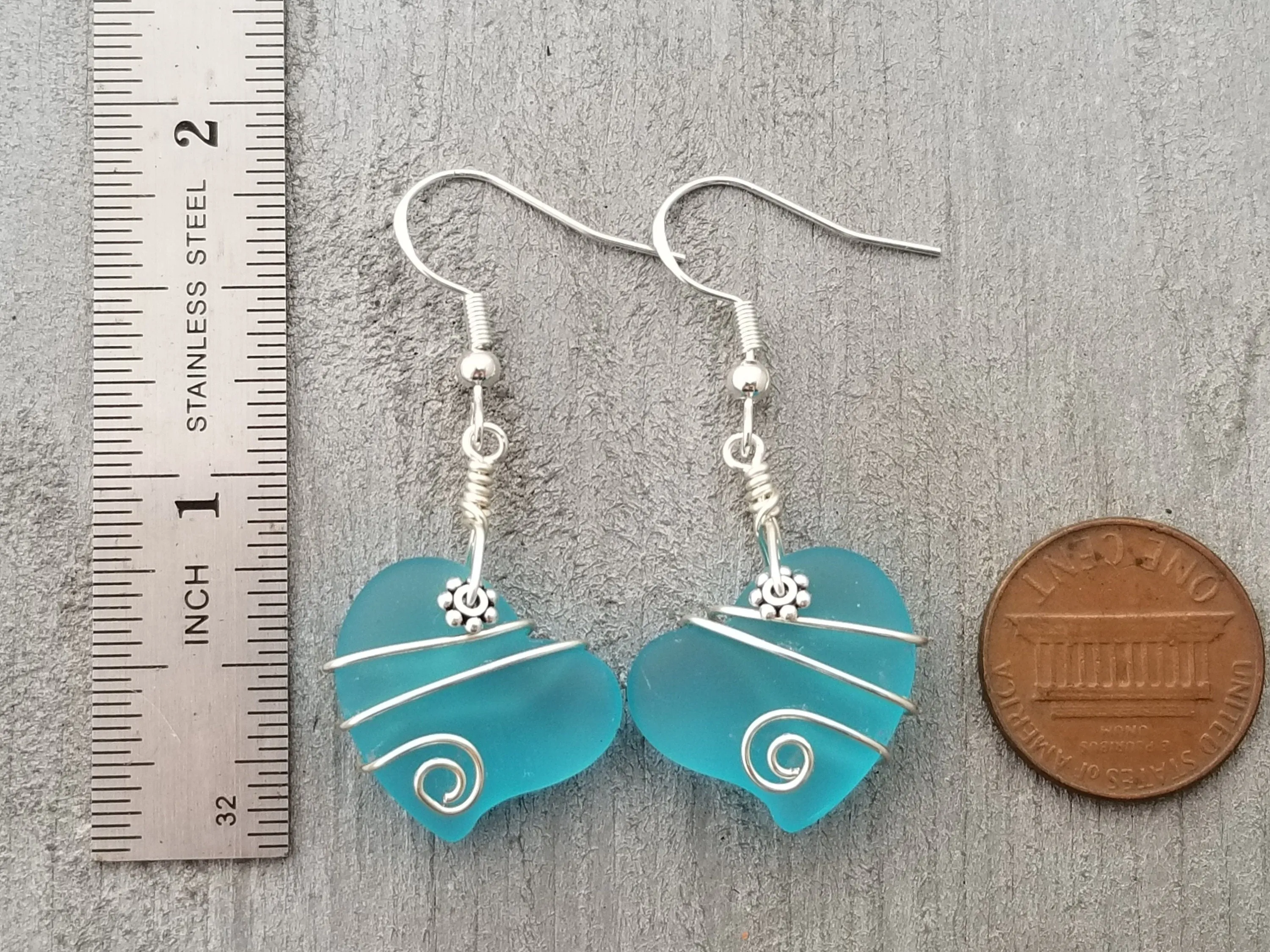 Hawaiian Jewelry Sea Glass Earrings, Wire Twin Heart Earrings Turquoise Earrings Blue Earrings, Beach Jewelry (December Birthstone Jewelry)