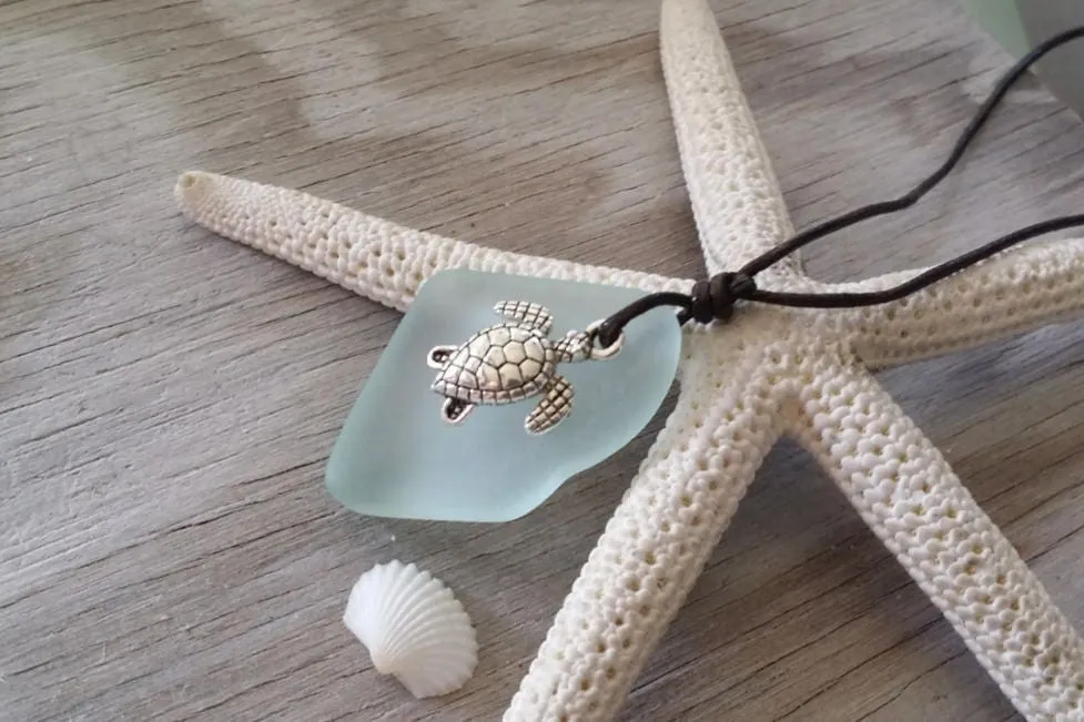 Hawaiian Jewelry Sea Glass Necklace, Seafoam Turtle Necklace Leather Cord Necklace Unique Necklace Beach Jewelry Unisex Sea Glass Jewelry