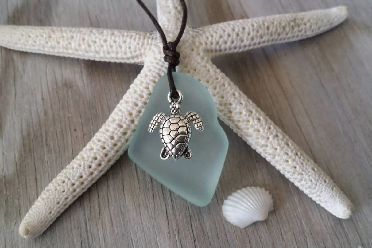 Hawaiian Jewelry Sea Glass Necklace, Seafoam Turtle Necklace Leather Cord Necklace Unique Necklace Beach Jewelry Unisex Sea Glass Jewelry