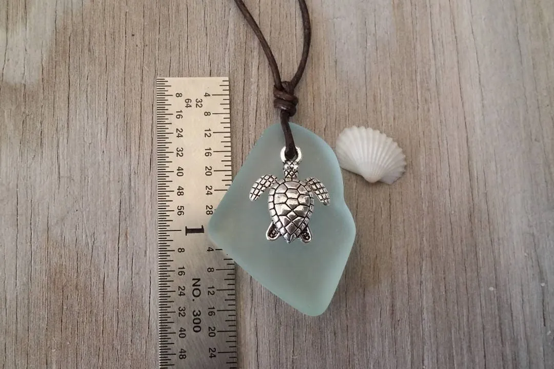 Hawaiian Jewelry Sea Glass Necklace, Seafoam Turtle Necklace Leather Cord Necklace Unique Necklace Beach Jewelry Unisex Sea Glass Jewelry