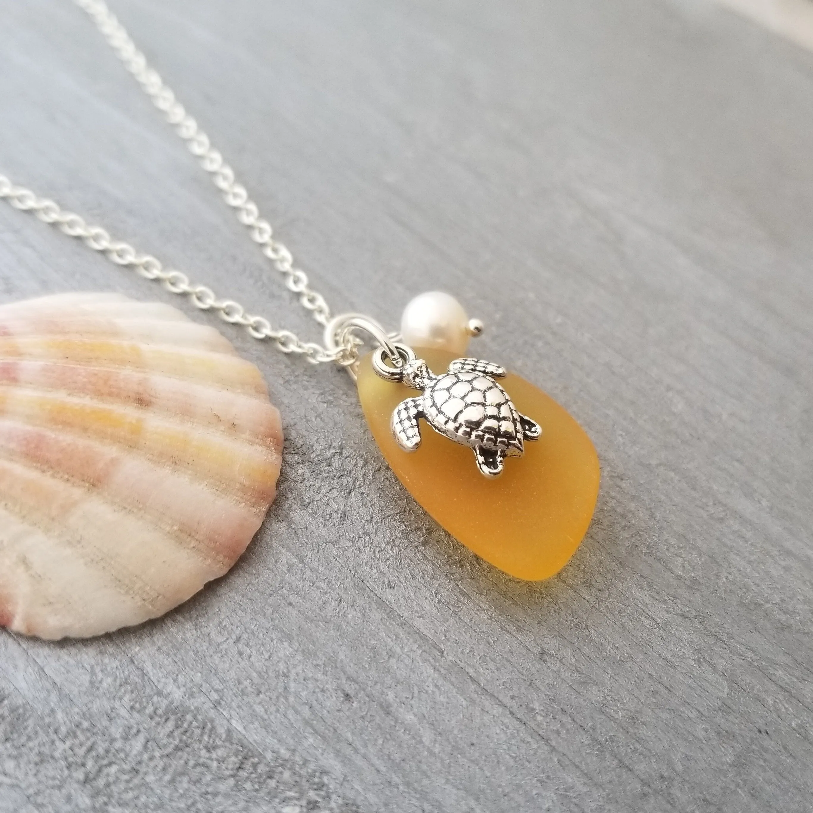 Hawaiian Jewelry Sea Glass Necklace, Turtle Necklace Topaz Yellow Necklace Unique Beach Sea Glass Jewelry Birthday Gift(November Birthstone)