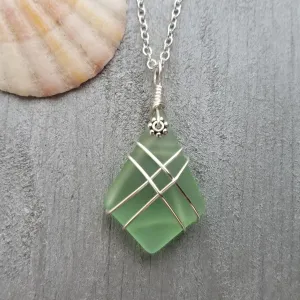 Hawaiian Jewelry Sea Glass Necklace, Wire Cross Peridot Necklace Green Necklace, Sea Glass Jewelry Birthday Gift (August Birthstone Jewelry)