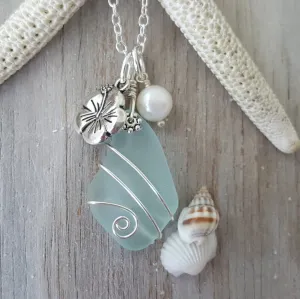 Hawaiian Jewelry Sea Glass Necklace, Wire Wrapped Seafoam Necklace, Pearl "Hawaiian State Flower" Hibiscus Necklace, Beach Sea Glass Jewelry