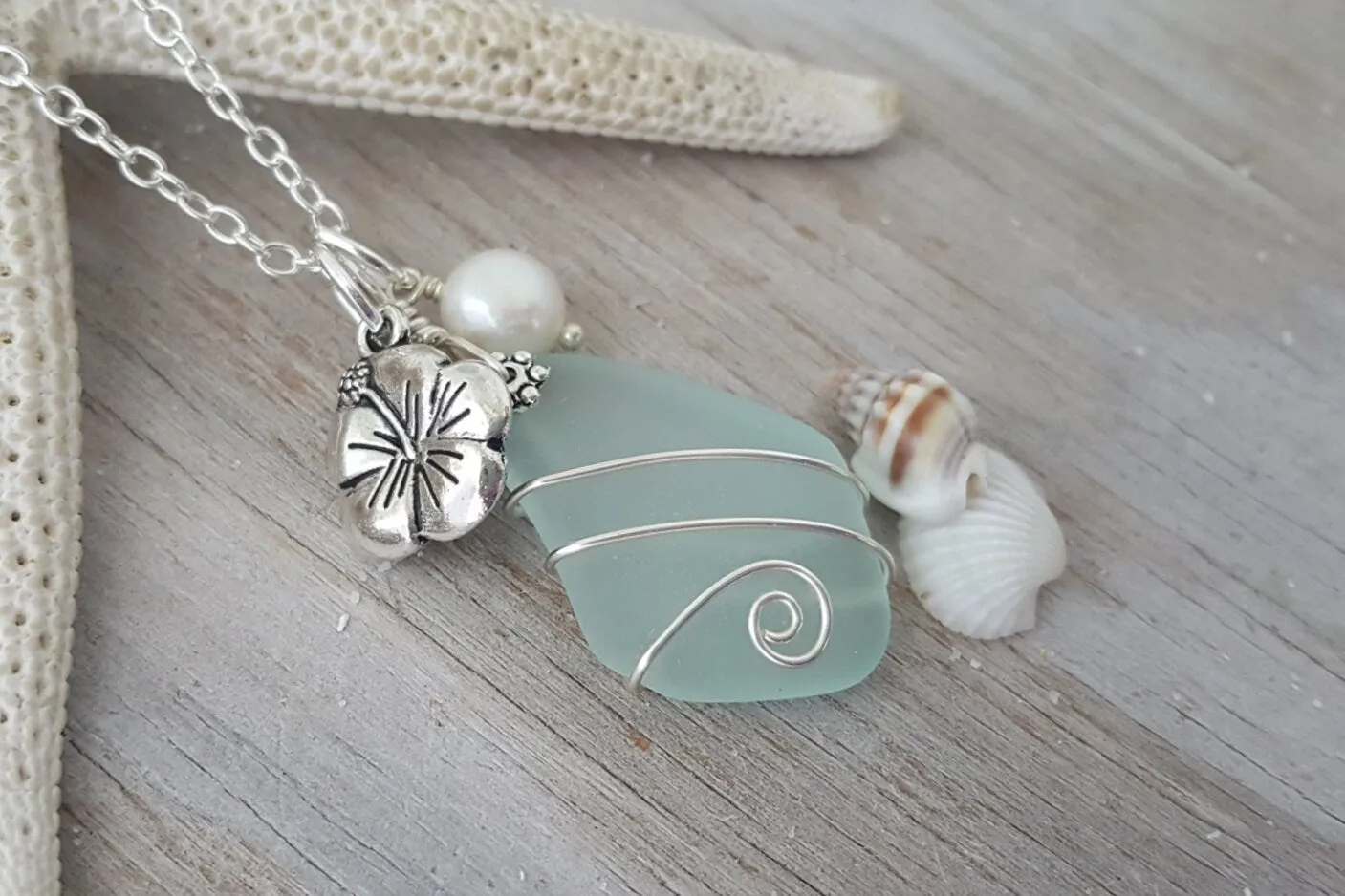 Hawaiian Jewelry Sea Glass Necklace, Wire Wrapped Seafoam Necklace, Pearl "Hawaiian State Flower" Hibiscus Necklace, Beach Sea Glass Jewelry