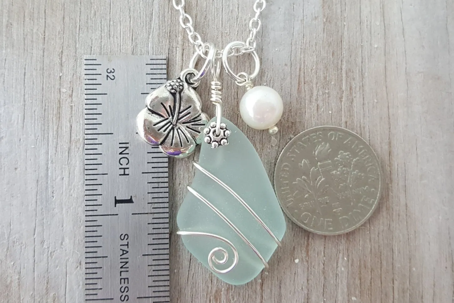 Hawaiian Jewelry Sea Glass Necklace, Wire Wrapped Seafoam Necklace, Pearl "Hawaiian State Flower" Hibiscus Necklace, Beach Sea Glass Jewelry