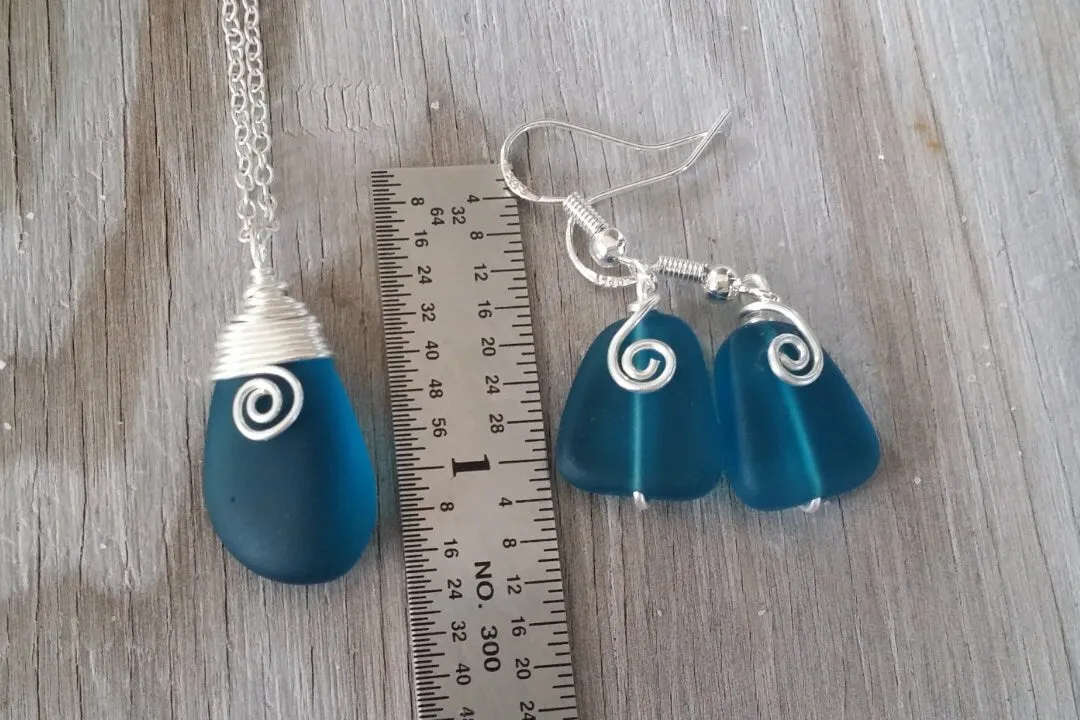 Hawaiian Jewelry Sea Glass Set, Teal Wire Wrapped Necklace Earrings Jewelry Set, Beachy Sea Glass Jewelry For Women Unique Jewelry Set