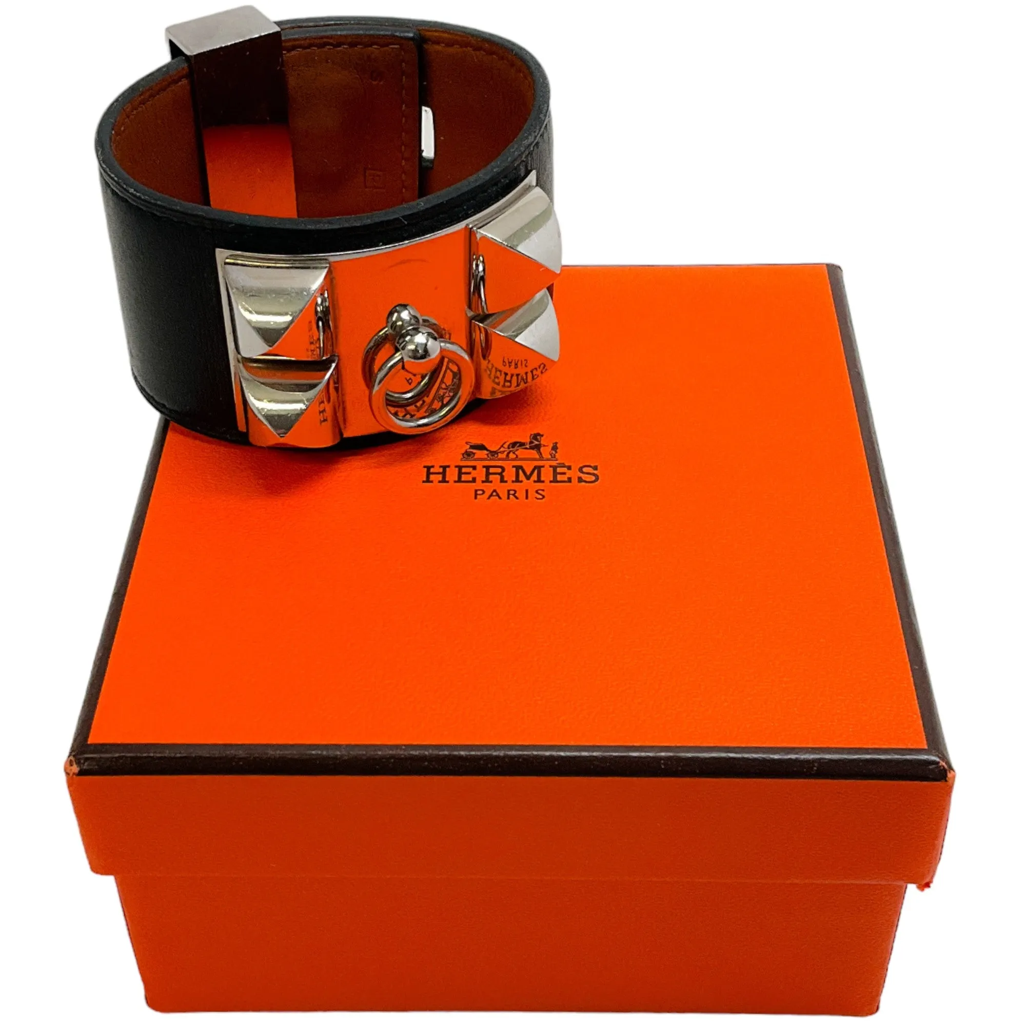 Hermes Black / Silver Collier de Chein Leather Bracelet