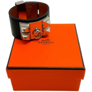 Hermes Black / Silver Collier de Chein Leather Bracelet