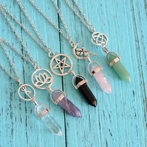 Hexagon Column Natural Stone Necklace-3 Styles Jade, Crystal, Amythyst, Onyx, Quartz