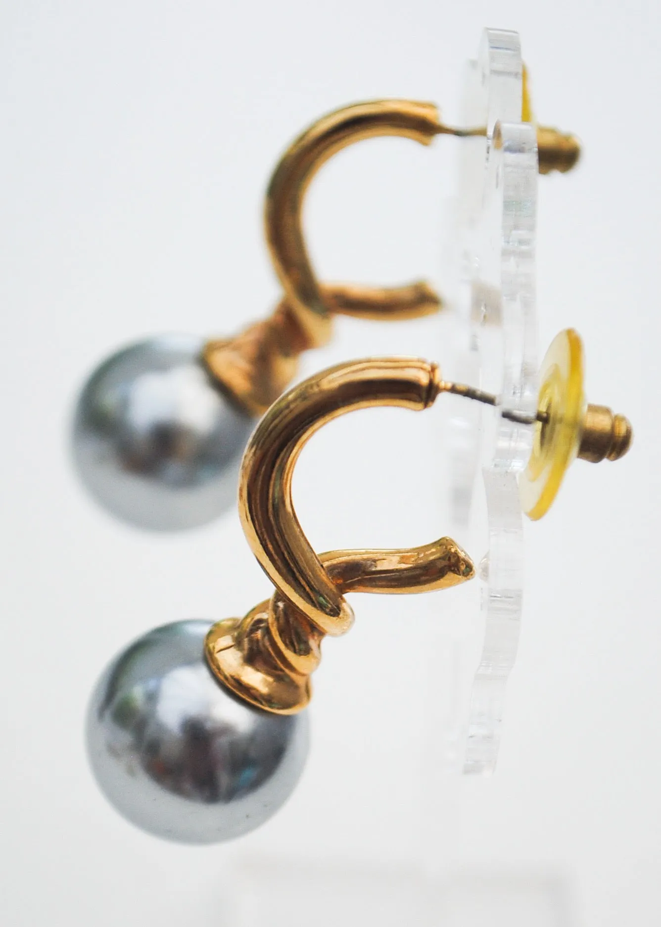 Huge Statement Vintage Faux Grey Pearl Stud Earrings