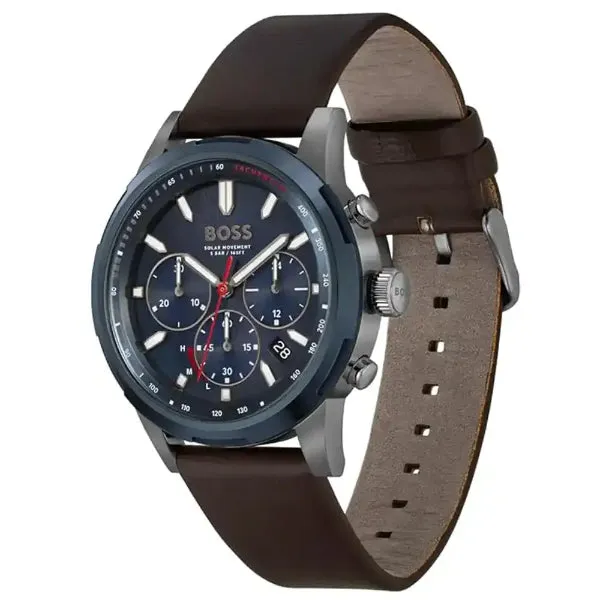 Hugo Boss Solgrade Brown Leather Strap Blue Dial Chronograph Quartz Watch for Gents - Boss 1514030