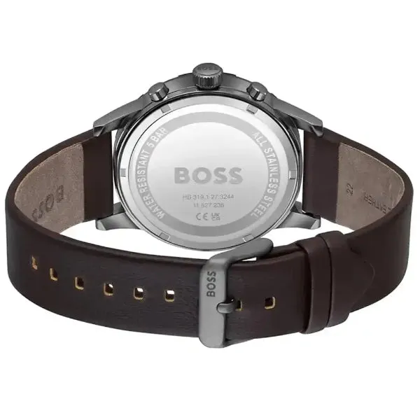 Hugo Boss Solgrade Brown Leather Strap Blue Dial Chronograph Quartz Watch for Gents - Boss 1514030