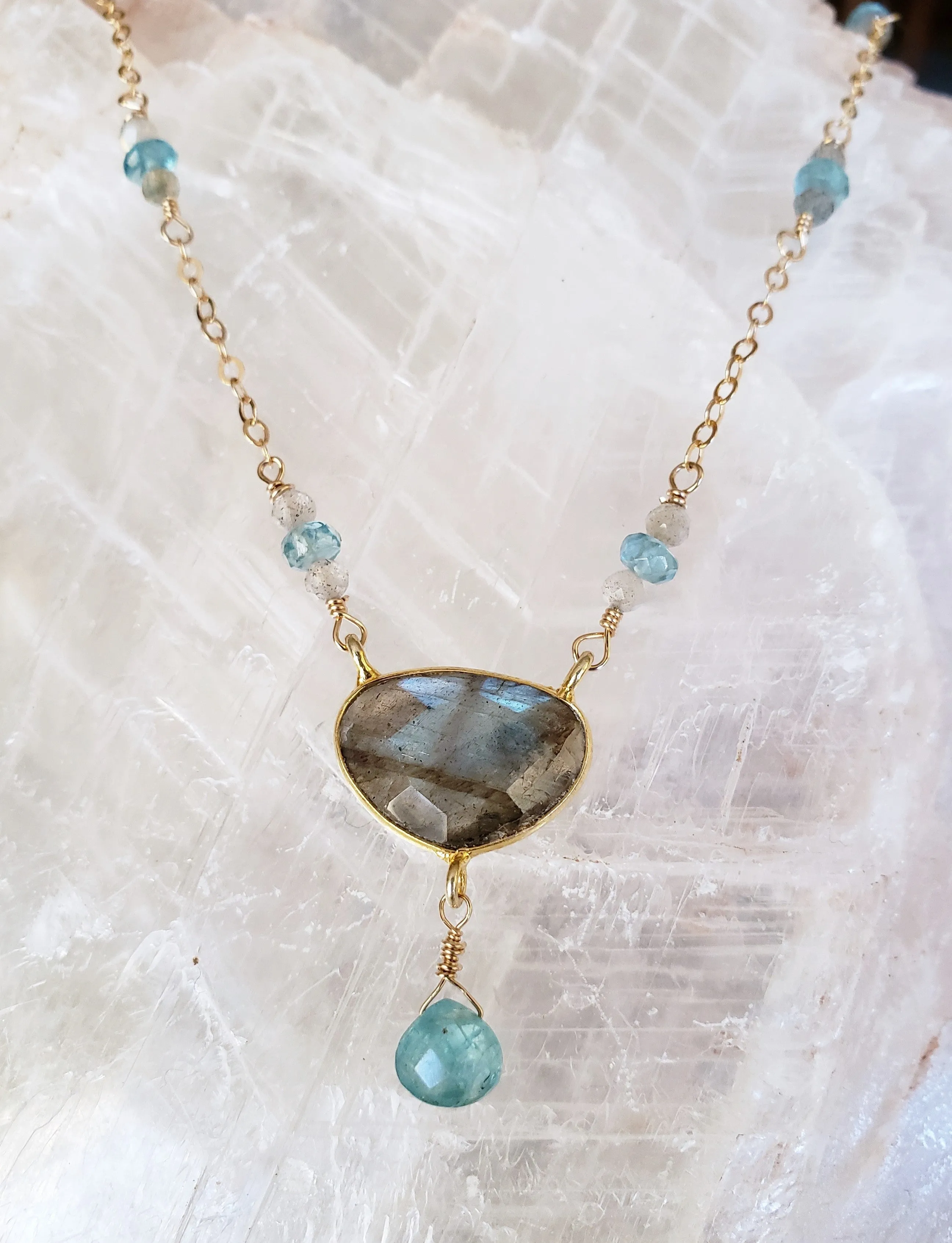 Iridescent Labradorite and Apatite Gold Filled Necklace With a Bezel Set Labradorite Oval and Apatite Tear Drop.