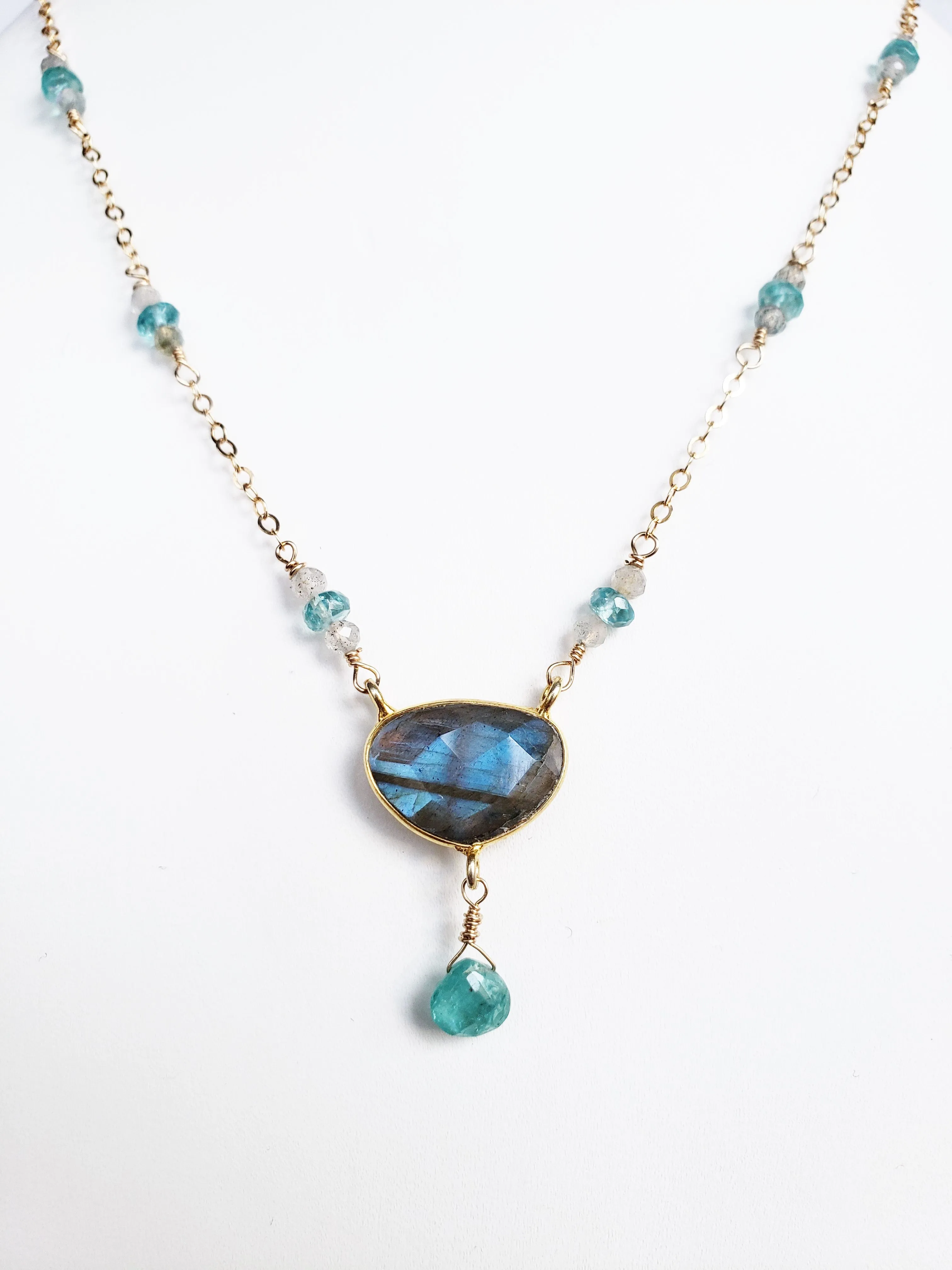 Iridescent Labradorite and Apatite Gold Filled Necklace With a Bezel Set Labradorite Oval and Apatite Tear Drop.