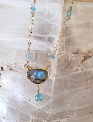 Iridescent Labradorite and Apatite Gold Filled Necklace With a Bezel Set Labradorite Oval and Apatite Tear Drop.