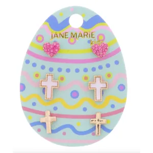 Jane Marie 3 Stud Set- Hot Pink Pave Crystal Heart, Shell Inlay Cross, Gold Cross