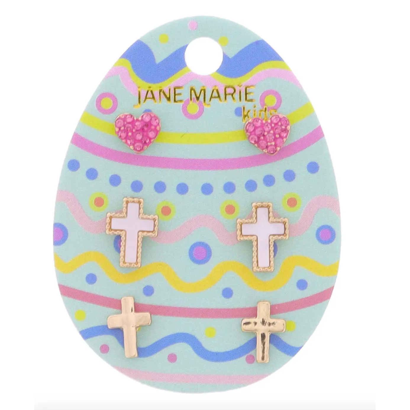Jane Marie 3 Stud Set- Hot Pink Pave Crystal Heart, Shell Inlay Cross, Gold Cross