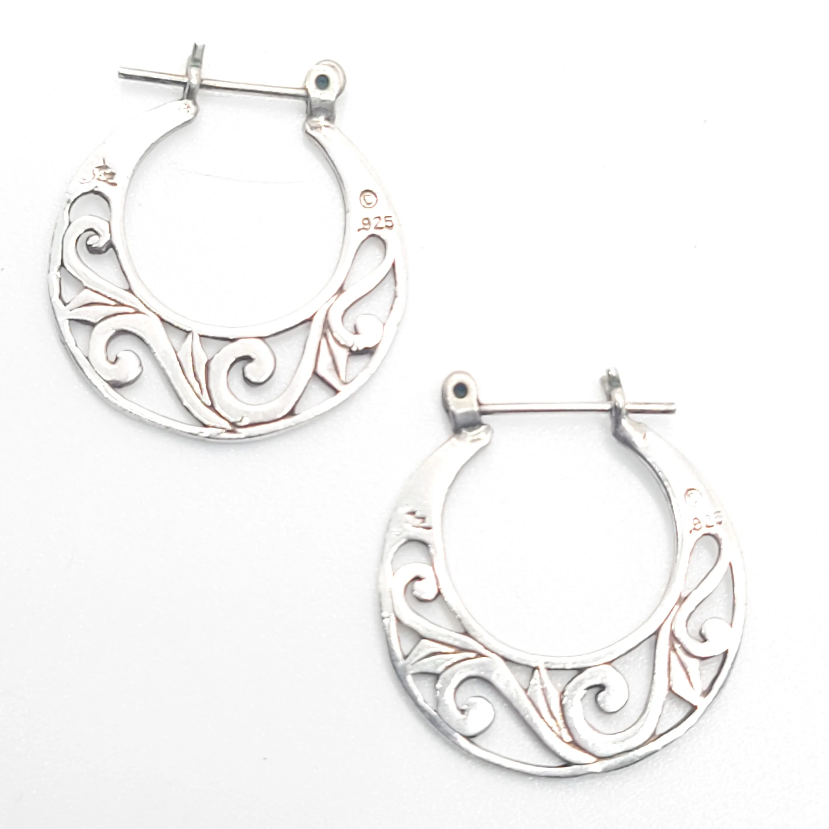 Jezebel retro open work hoop signed vintage sterling silver earrings