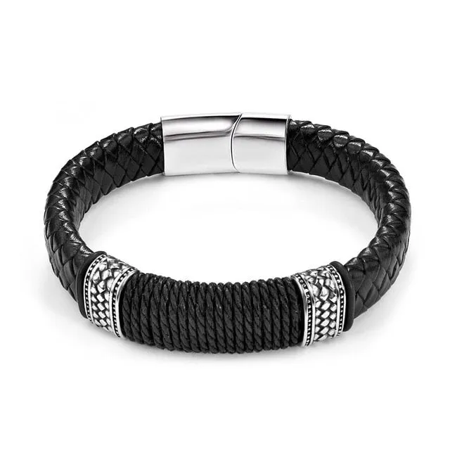 Jiayiqi Punk Men Jewelry Black/Brown Braided Leather Bracelet Stainless Steel Magnetic Clasp Fashion Bangles Gift 18.5/22/20.5cm