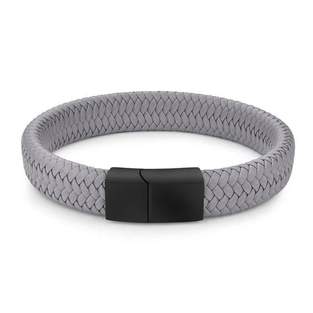 Jiayiqi Punk Men Jewelry Black/Brown Braided Leather Bracelet Stainless Steel Magnetic Clasp Fashion Bangles Gift 18.5/22/20.5cm