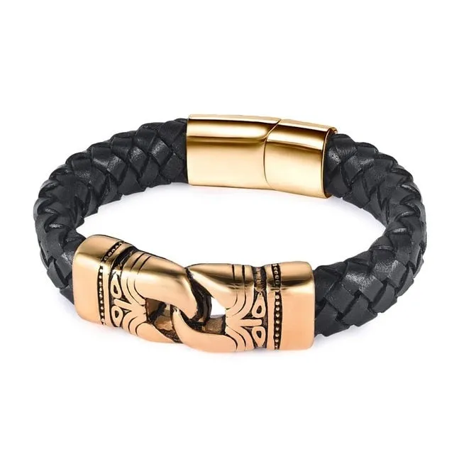 Jiayiqi Punk Men Jewelry Black/Brown Braided Leather Bracelet Stainless Steel Magnetic Clasp Fashion Bangles Gift 18.5/22/20.5cm