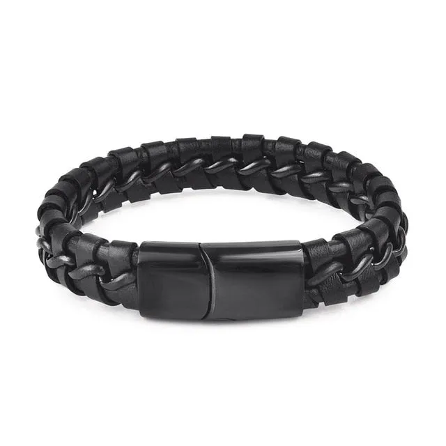 Jiayiqi Punk Men Jewelry Black/Brown Braided Leather Bracelet Stainless Steel Magnetic Clasp Fashion Bangles Gift 18.5/22/20.5cm