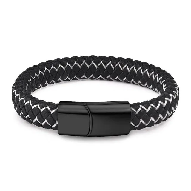 Jiayiqi Punk Men Jewelry Black/Brown Braided Leather Bracelet Stainless Steel Magnetic Clasp Fashion Bangles Gift 18.5/22/20.5cm