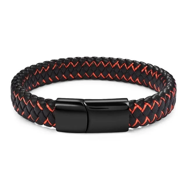 Jiayiqi Punk Men Jewelry Black/Brown Braided Leather Bracelet Stainless Steel Magnetic Clasp Fashion Bangles Gift 18.5/22/20.5cm
