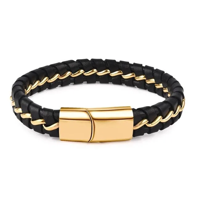 Jiayiqi Punk Men Jewelry Black/Brown Braided Leather Bracelet Stainless Steel Magnetic Clasp Fashion Bangles Gift 18.5/22/20.5cm
