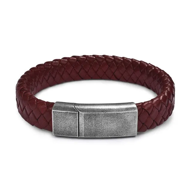 Jiayiqi Punk Men Jewelry Black/Brown Braided Leather Bracelet Stainless Steel Magnetic Clasp Fashion Bangles Gift 18.5/22/20.5cm