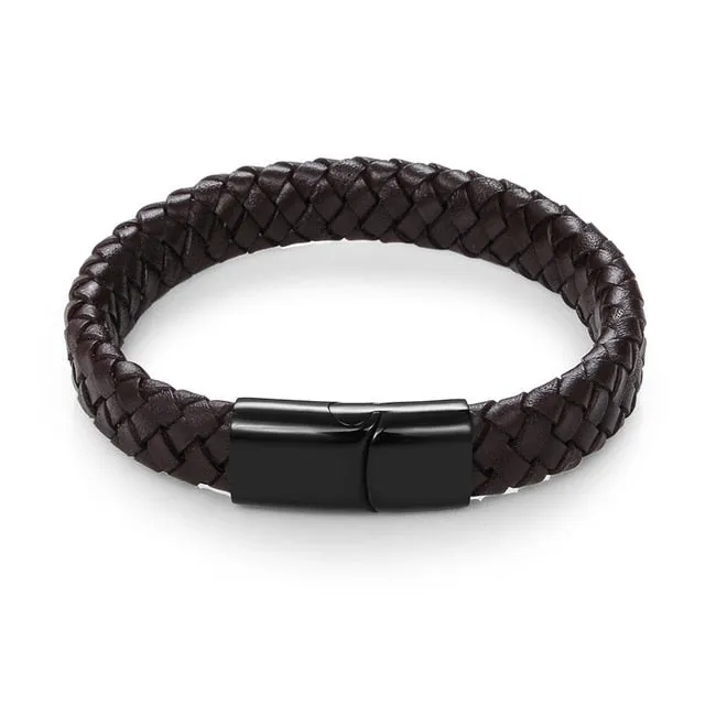 Jiayiqi Punk Men Jewelry Black/Brown Braided Leather Bracelet Stainless Steel Magnetic Clasp Fashion Bangles Gift 18.5/22/20.5cm