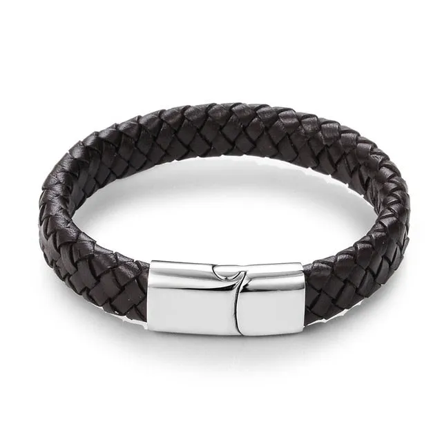 Jiayiqi Punk Men Jewelry Black/Brown Braided Leather Bracelet Stainless Steel Magnetic Clasp Fashion Bangles Gift 18.5/22/20.5cm