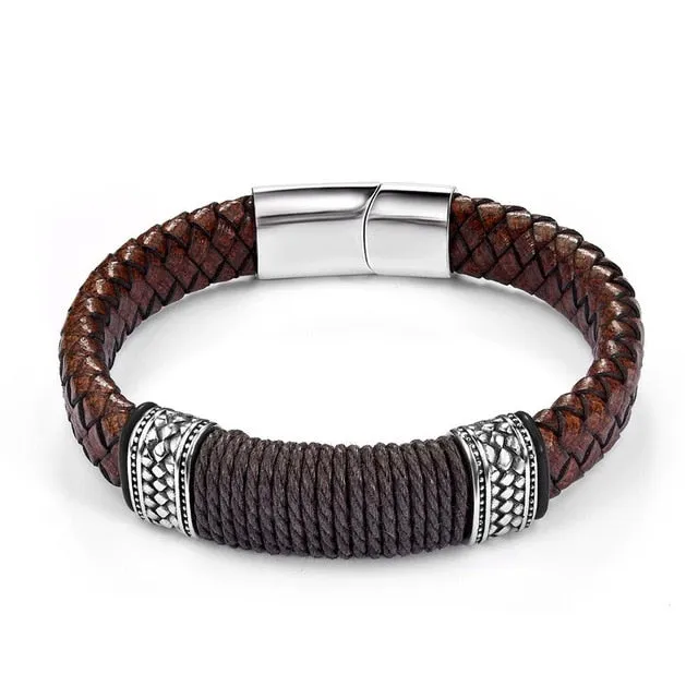 Jiayiqi Punk Men Jewelry Black/Brown Braided Leather Bracelet Stainless Steel Magnetic Clasp Fashion Bangles Gift 18.5/22/20.5cm