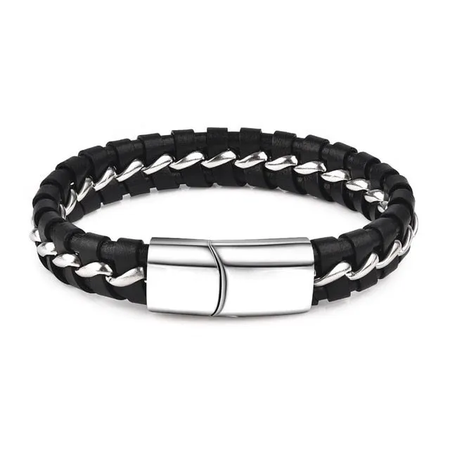 Jiayiqi Punk Men Jewelry Black/Brown Braided Leather Bracelet Stainless Steel Magnetic Clasp Fashion Bangles Gift 18.5/22/20.5cm