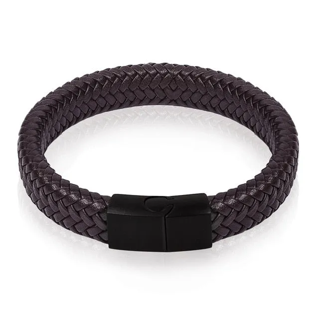 Jiayiqi Punk Men Jewelry Black/Brown Braided Leather Bracelet Stainless Steel Magnetic Clasp Fashion Bangles Gift 18.5/22/20.5cm