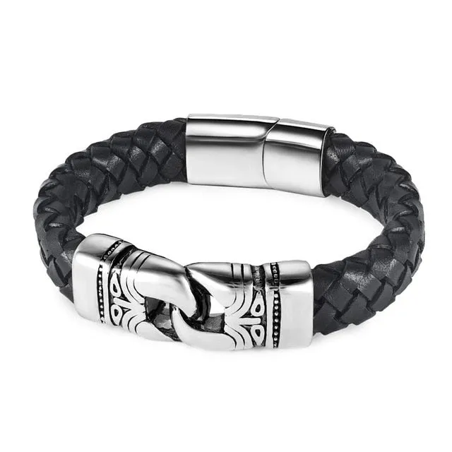 Jiayiqi Punk Men Jewelry Black/Brown Braided Leather Bracelet Stainless Steel Magnetic Clasp Fashion Bangles Gift 18.5/22/20.5cm
