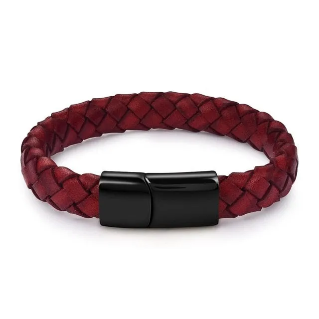 Jiayiqi Punk Men Jewelry Black/Brown Braided Leather Bracelet Stainless Steel Magnetic Clasp Fashion Bangles Gift 18.5/22/20.5cm