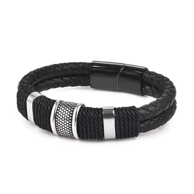 Jiayiqi Punk Men Jewelry Black/Brown Braided Leather Bracelet Stainless Steel Magnetic Clasp Fashion Bangles Gift 18.5/22/20.5cm