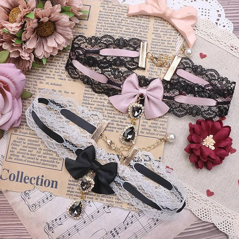 Kawaii Girls Short Collar Handmade Japanese Style Sweet and Cute Lady Lace Bow Rhinestone Pendant Stickers Necklace Jewelry