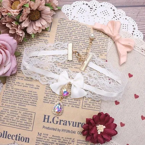 Kawaii Girls Short Collar Handmade Japanese Style Sweet and Cute Lady Lace Bow Rhinestone Pendant Stickers Necklace Jewelry