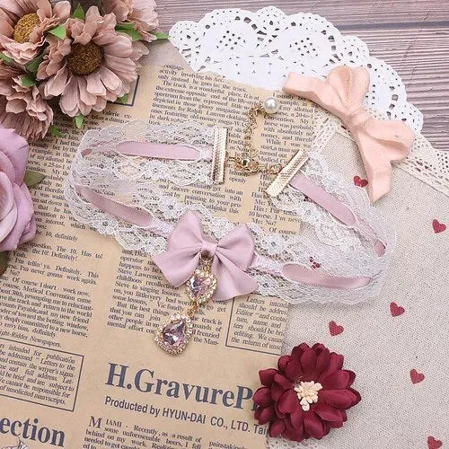 Kawaii Girls Short Collar Handmade Japanese Style Sweet and Cute Lady Lace Bow Rhinestone Pendant Stickers Necklace Jewelry