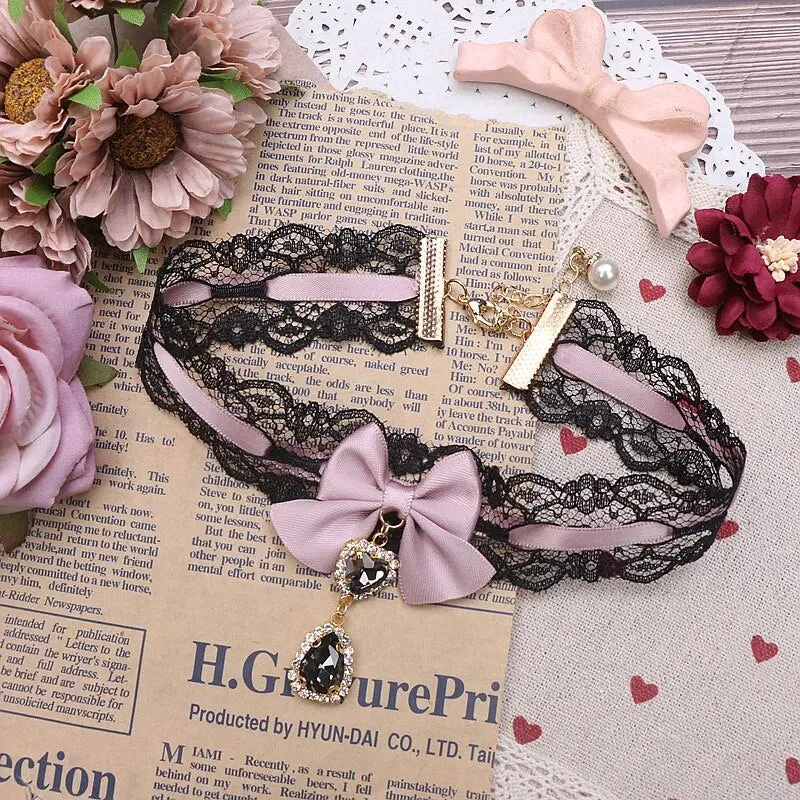 Kawaii Girls Short Collar Handmade Japanese Style Sweet and Cute Lady Lace Bow Rhinestone Pendant Stickers Necklace Jewelry