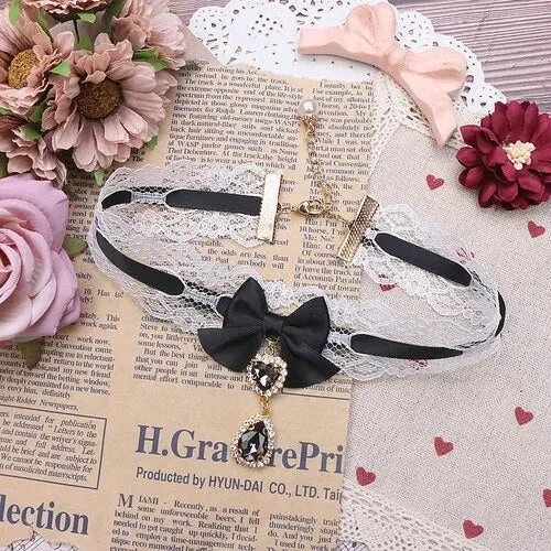Kawaii Girls Short Collar Handmade Japanese Style Sweet and Cute Lady Lace Bow Rhinestone Pendant Stickers Necklace Jewelry
