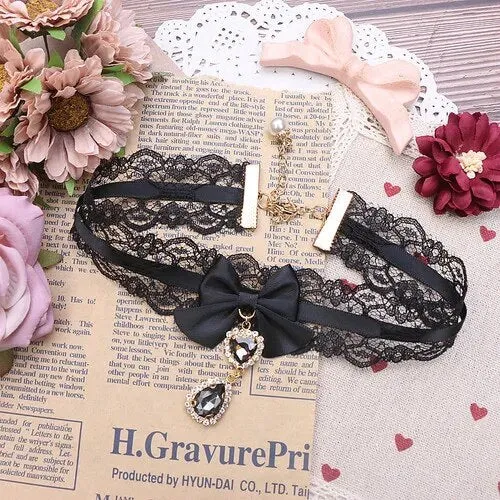 Kawaii Girls Short Collar Handmade Japanese Style Sweet and Cute Lady Lace Bow Rhinestone Pendant Stickers Necklace Jewelry