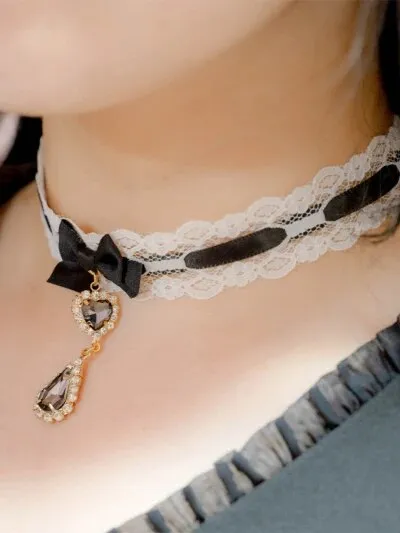 Kawaii Girls Short Collar Handmade Japanese Style Sweet and Cute Lady Lace Bow Rhinestone Pendant Stickers Necklace Jewelry