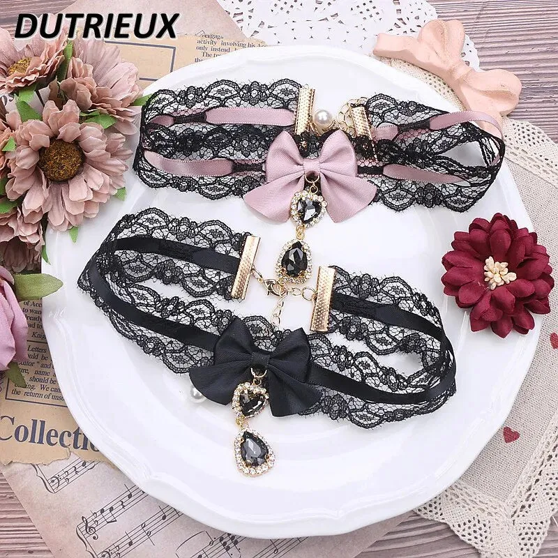Kawaii Girls Short Collar Handmade Japanese Style Sweet and Cute Lady Lace Bow Rhinestone Pendant Stickers Necklace Jewelry