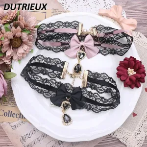 Kawaii Girls Short Collar Handmade Japanese Style Sweet and Cute Lady Lace Bow Rhinestone Pendant Stickers Necklace Jewelry