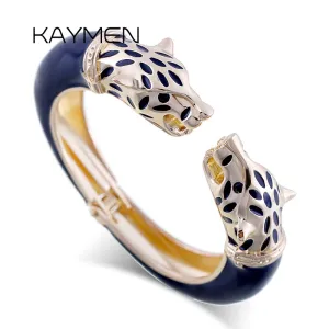Kaymen New Statement Wolf Cuff Bangle, Girl's Enamel Fashion Cuff Bracelet, Gold plated Animal Chunky Bangle