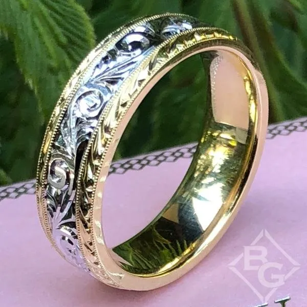 Kirk Kara "Artin" Two-Tone Scroll Work Hand Engraved Wedding Band