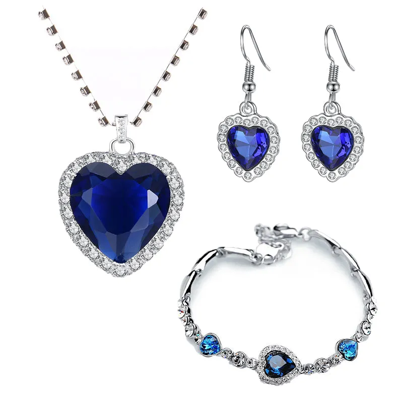 Korean Hot Women's Classic Heart of Ocean Crystal for Women Beach Heart Blue Set